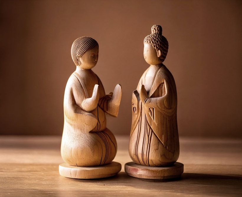 Deux figurines en bois se font face, évoquant l’écoute et le dialogue.