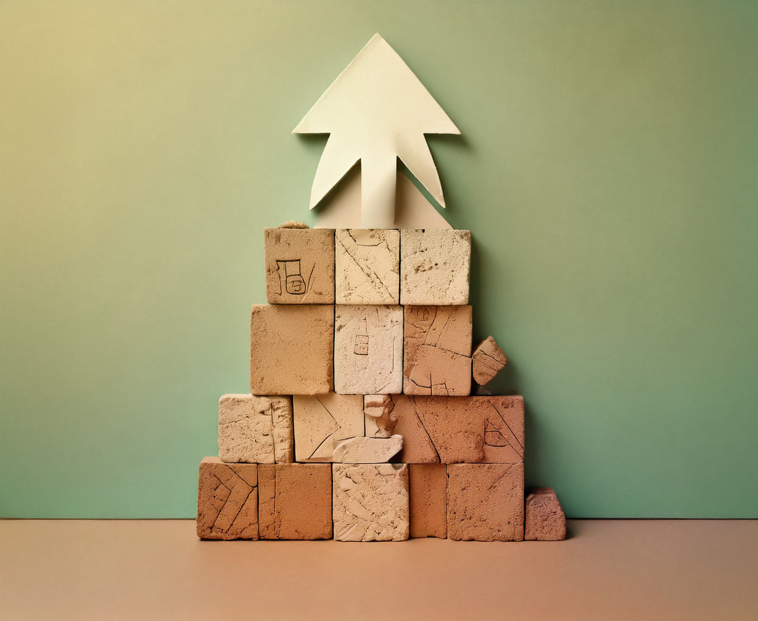 Blocs empilés en pyramide avec une flèche vers le haut, sur fond vert.