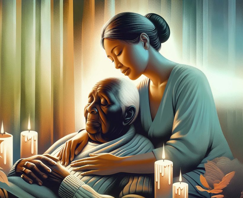 Une personne réconforte une personne âgée assise, avec des bougies allumées.