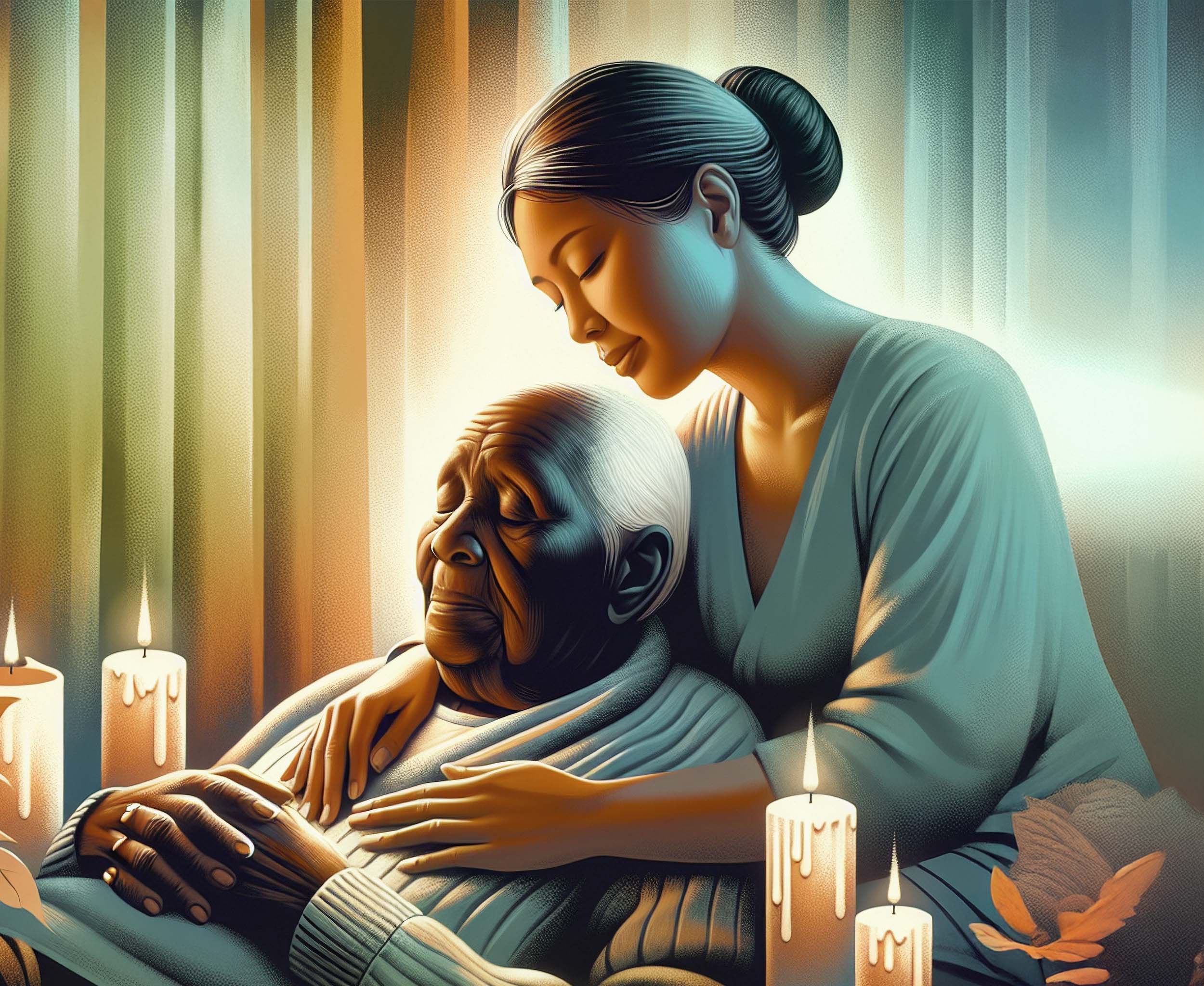 Une personne réconforte une personne âgée assise, avec des bougies allumées.