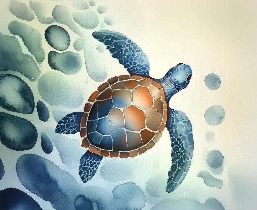 Tortue de mer nageant dans des eaux bleutées.