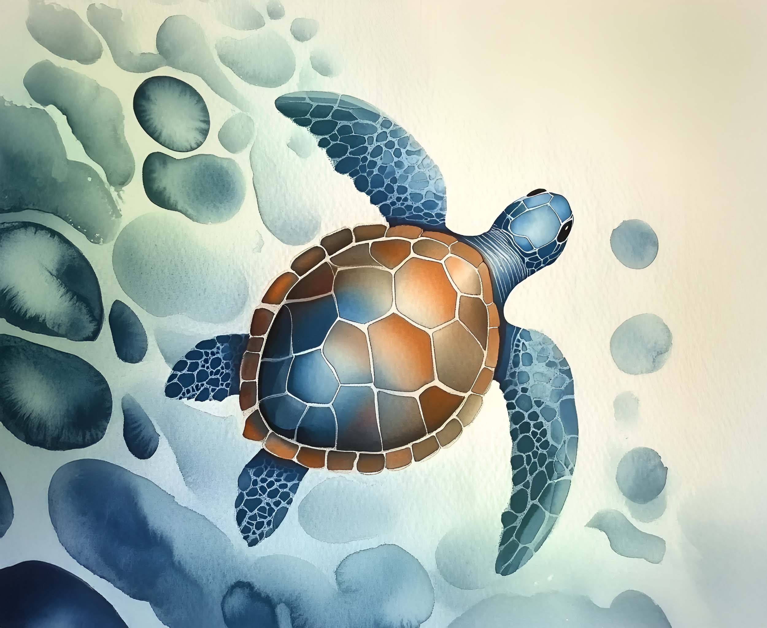 Tortue de mer nageant dans des eaux bleutées.