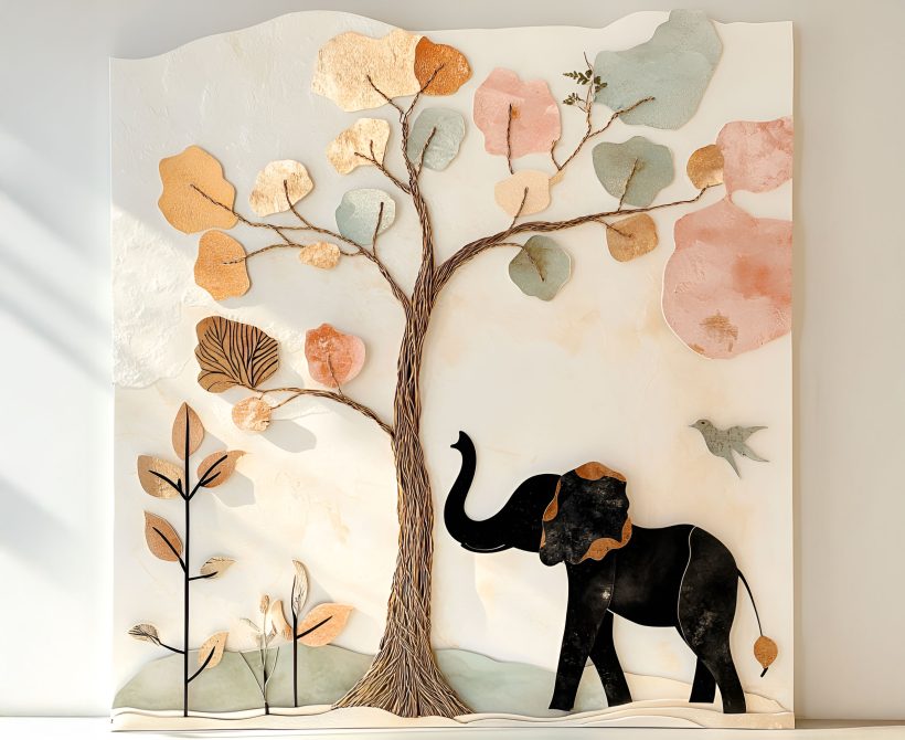 Éléphant noir près d’un arbre aux feuilles colorées, sur un fond clair.