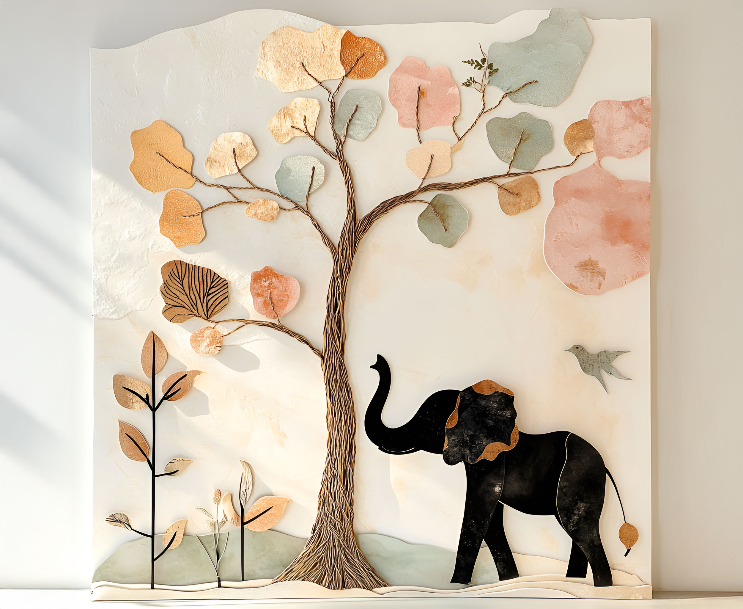 Éléphant noir près d’un arbre aux feuilles colorées, sur un fond clair.