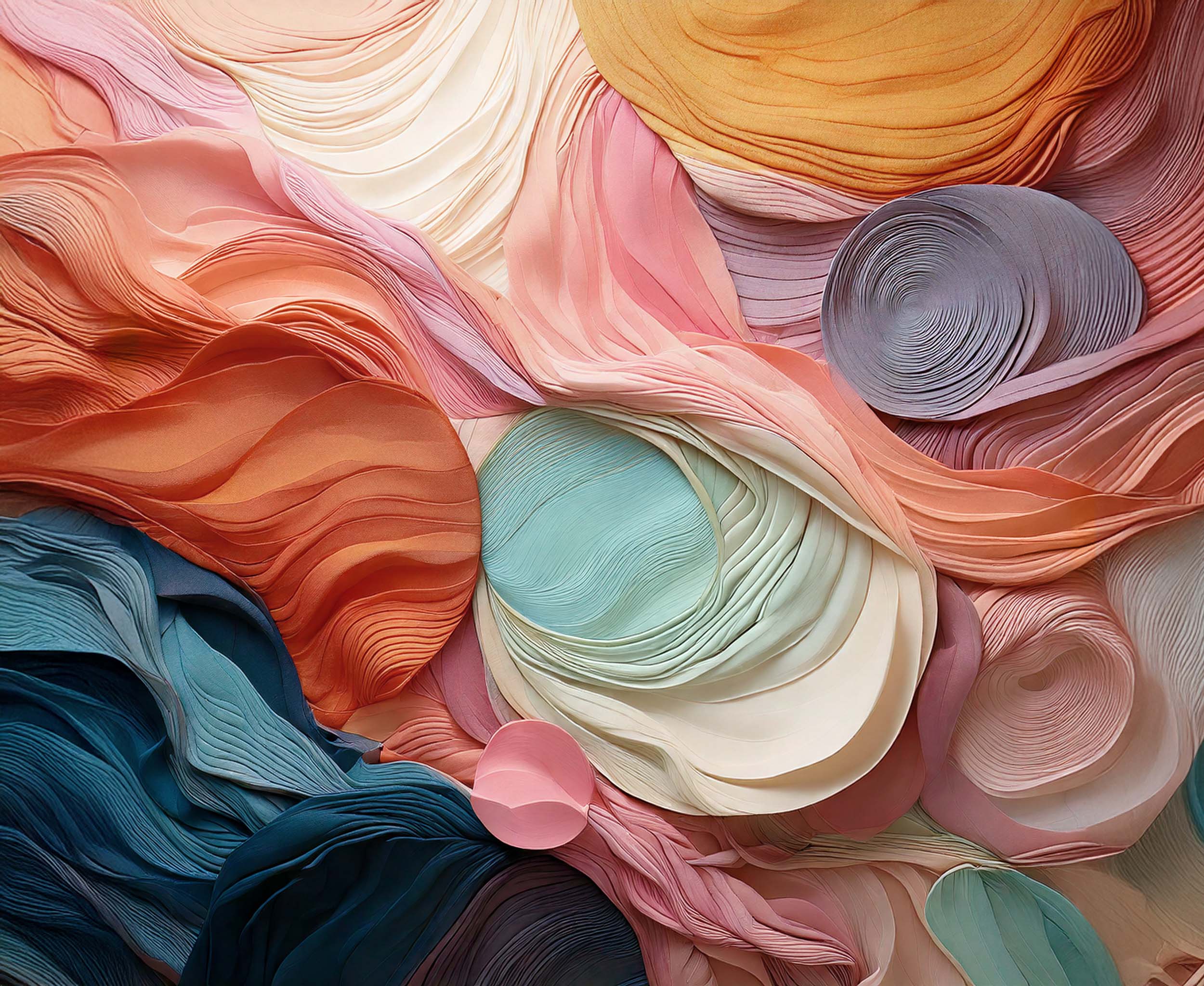 Composition abstraite de papiers colorés en relief, aux tons chauds et pastel.