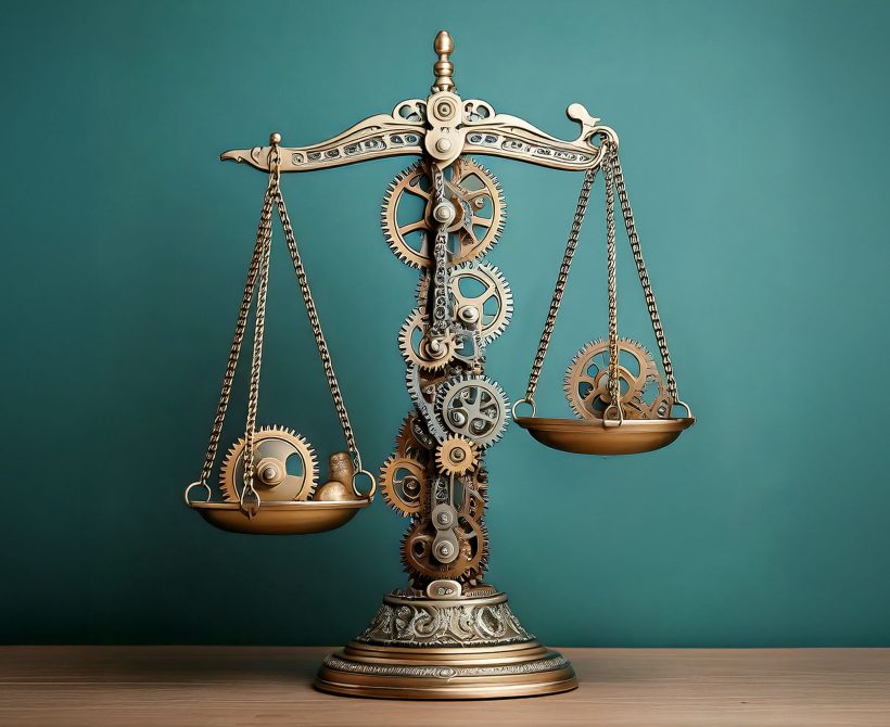 Balance de justice de style mécanique, avec engrenages, sur fond bleu-vert.