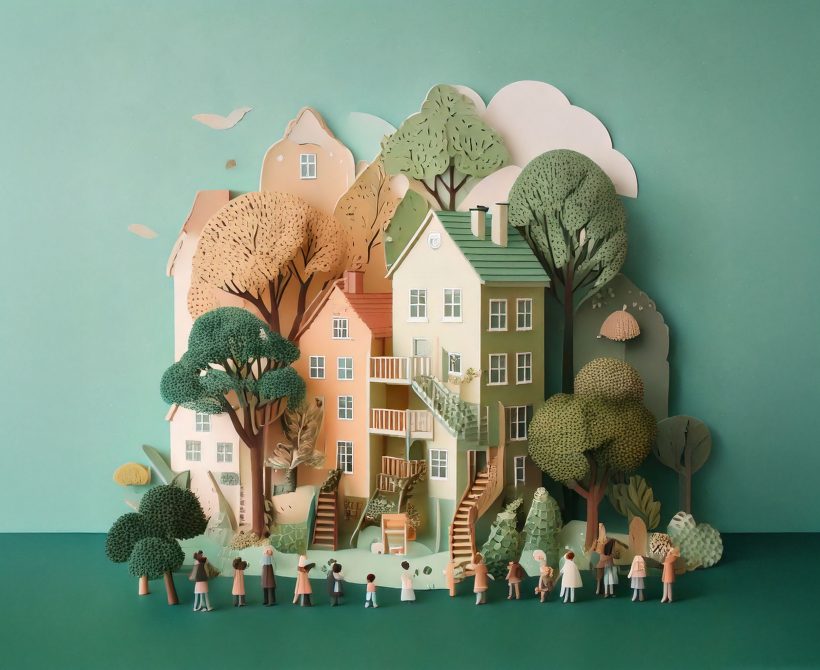 Illustration d’un quartier avec maisons, arbres et personnes rassemblées.