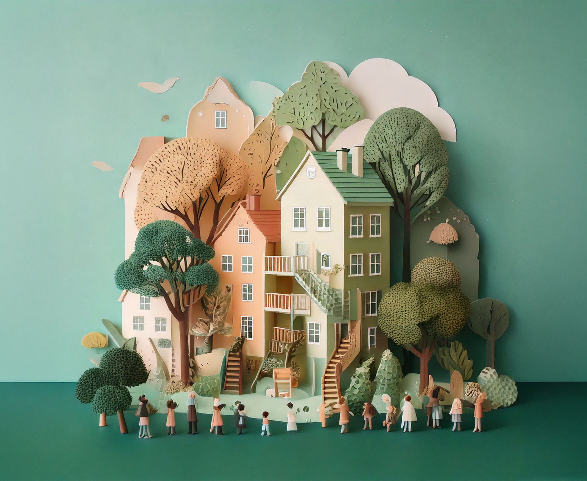 Illustration d’un quartier avec maisons, arbres et personnes rassemblées.