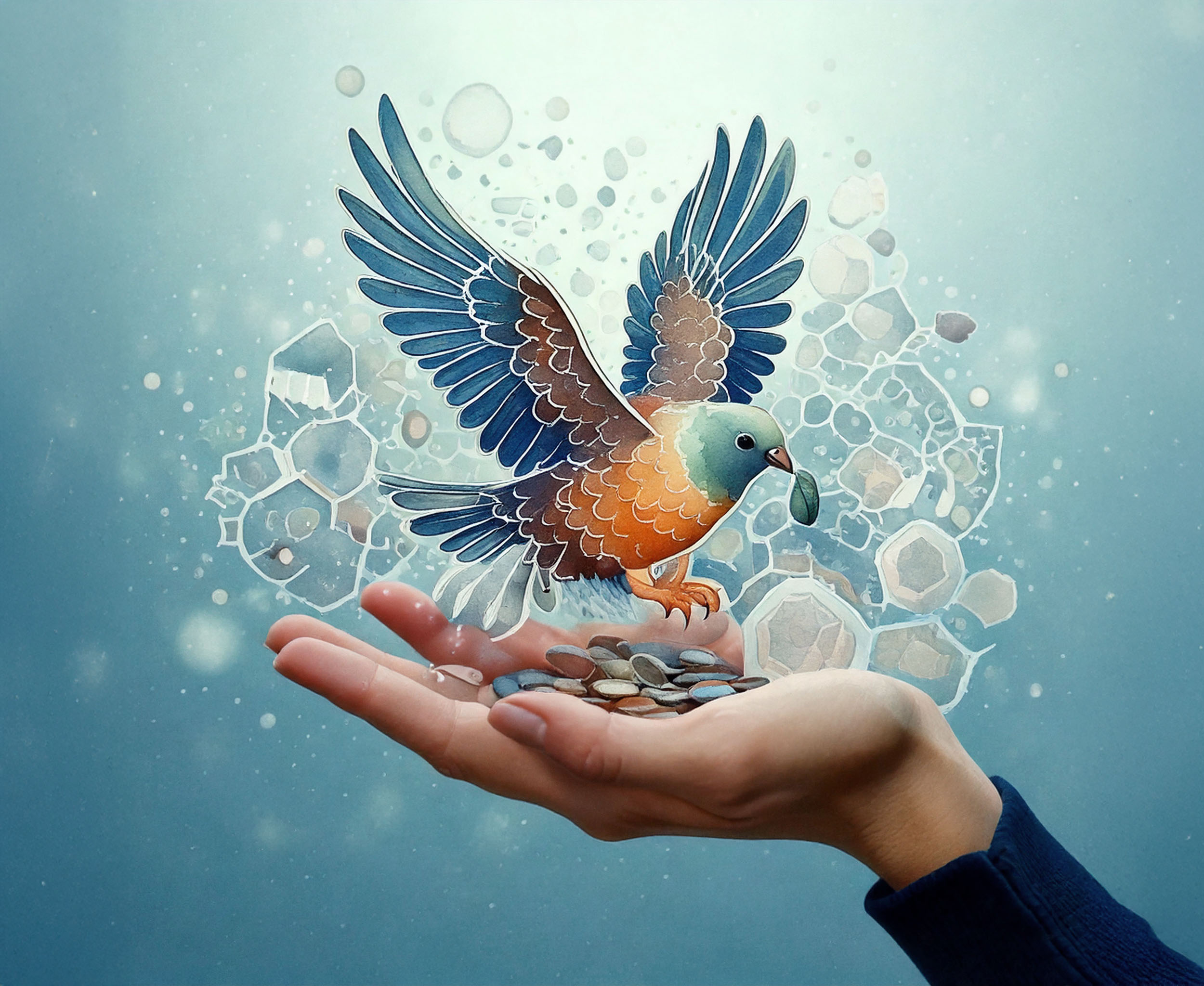 Oiseau aux ailes déployées posé sur une main tenant de petits objects, fond bleu.