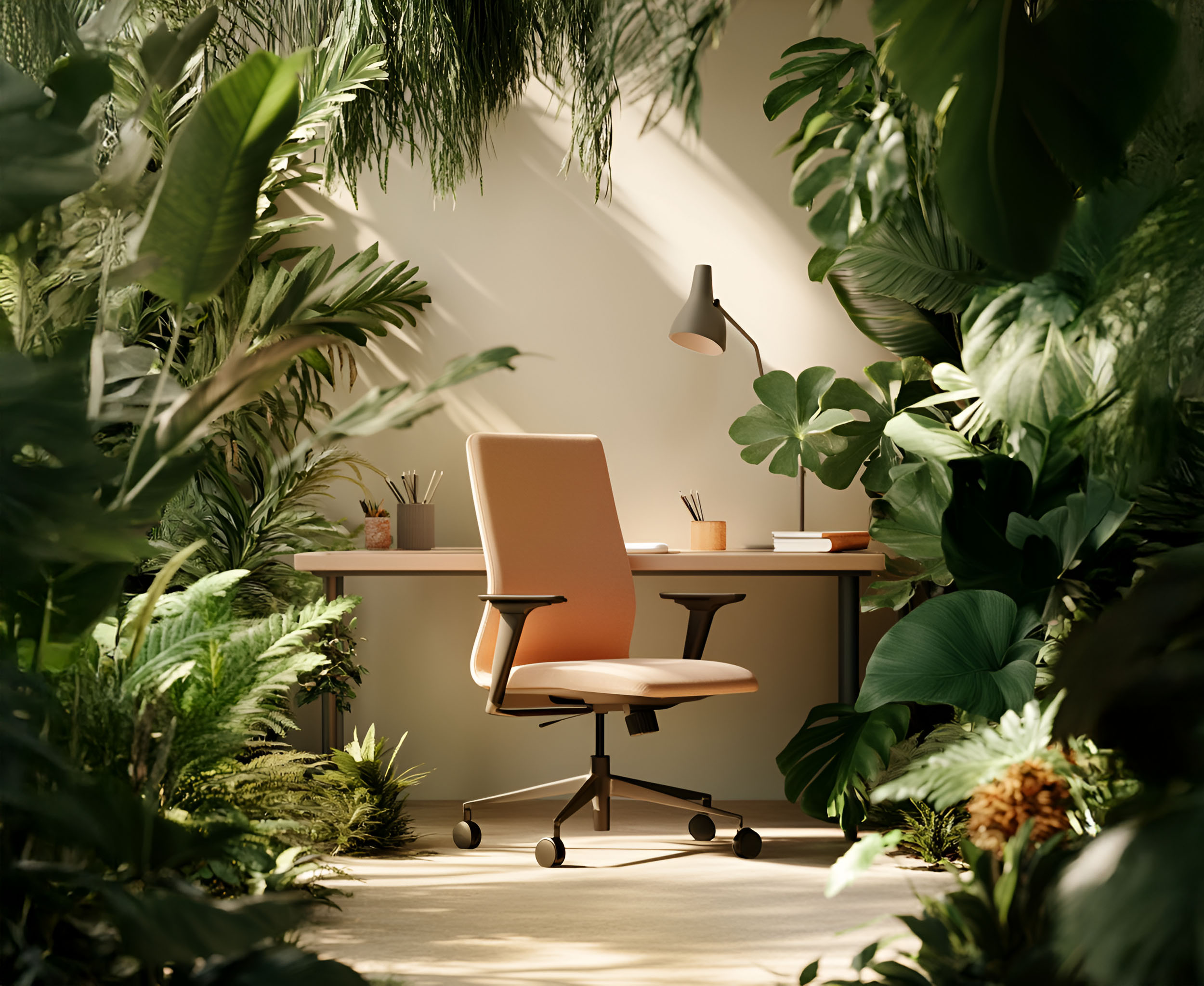 Bureau avec chaise et lampe, entouré de plantes vertes, lumière naturelle.