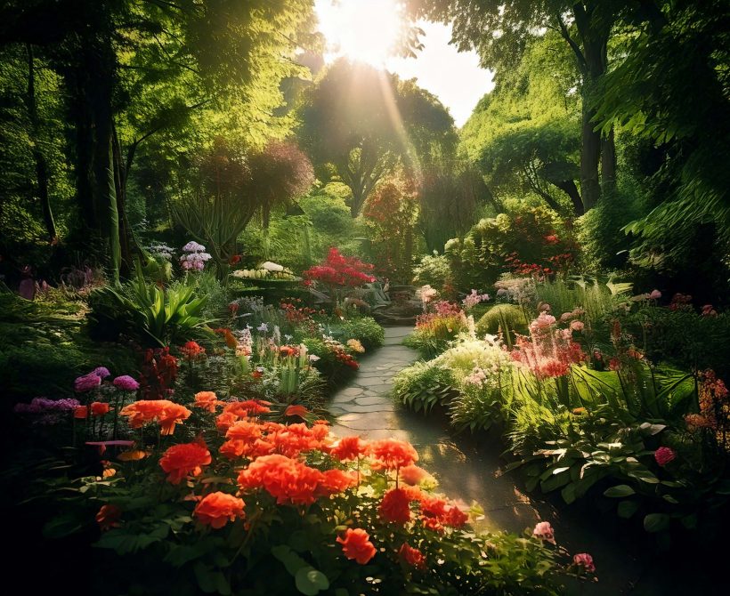 Jardin fleuri avec un sentier et des arbres, éclairé par la lumière du soleil, image associée au billet sur diversité et inclusion.