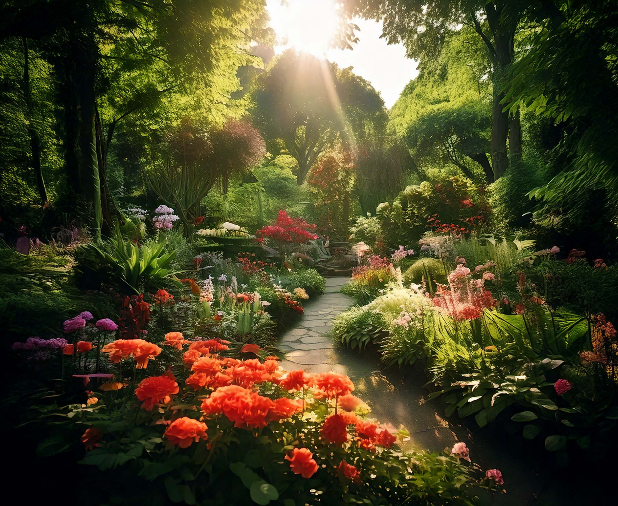 Jardin fleuri avec un sentier et des arbres, éclairé par la lumière du soleil, image associée au billet sur diversité et inclusion.