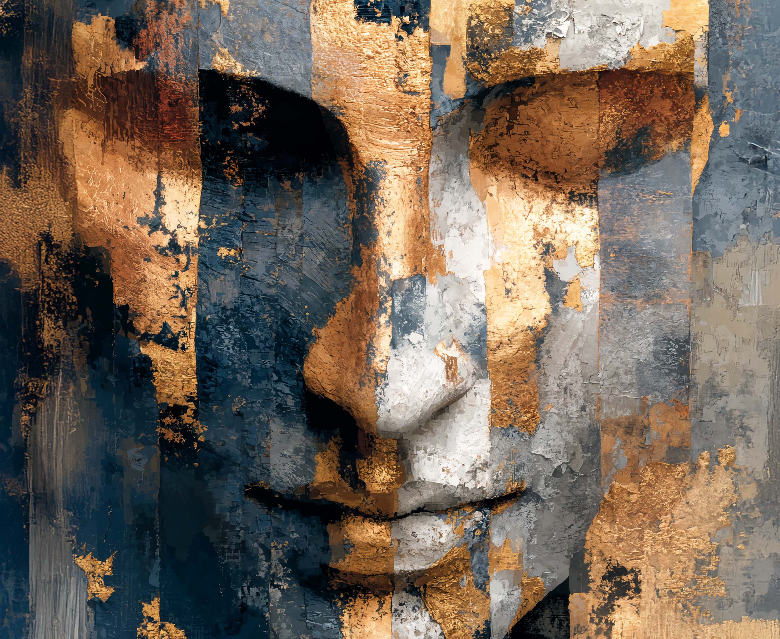Gros plan d’un visage stylisé, textures bleues, grises et touches dorées, yeux fermés.