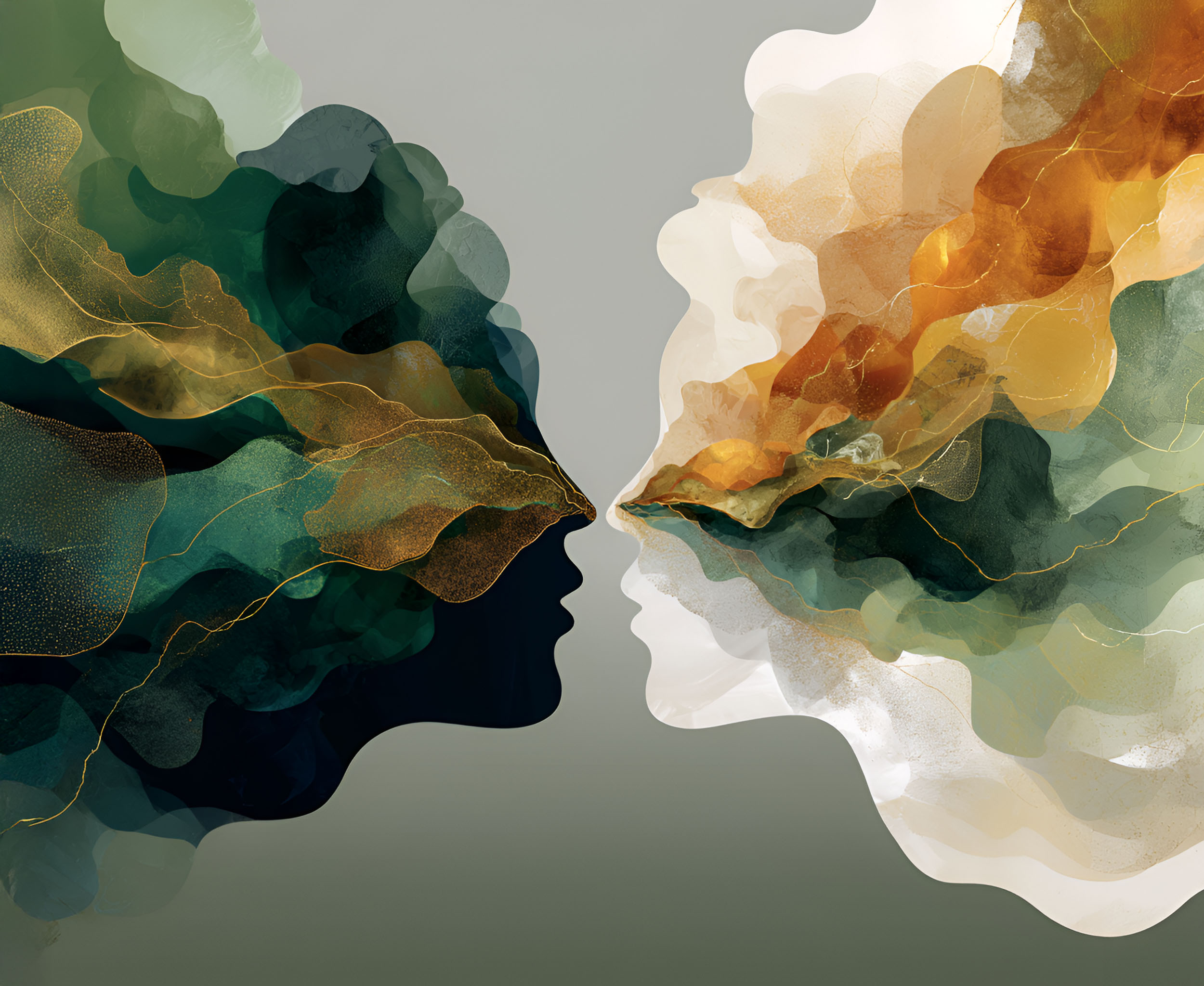 Deux silhouettes de profils face à face, formes abstraites en vert, beige et orange.