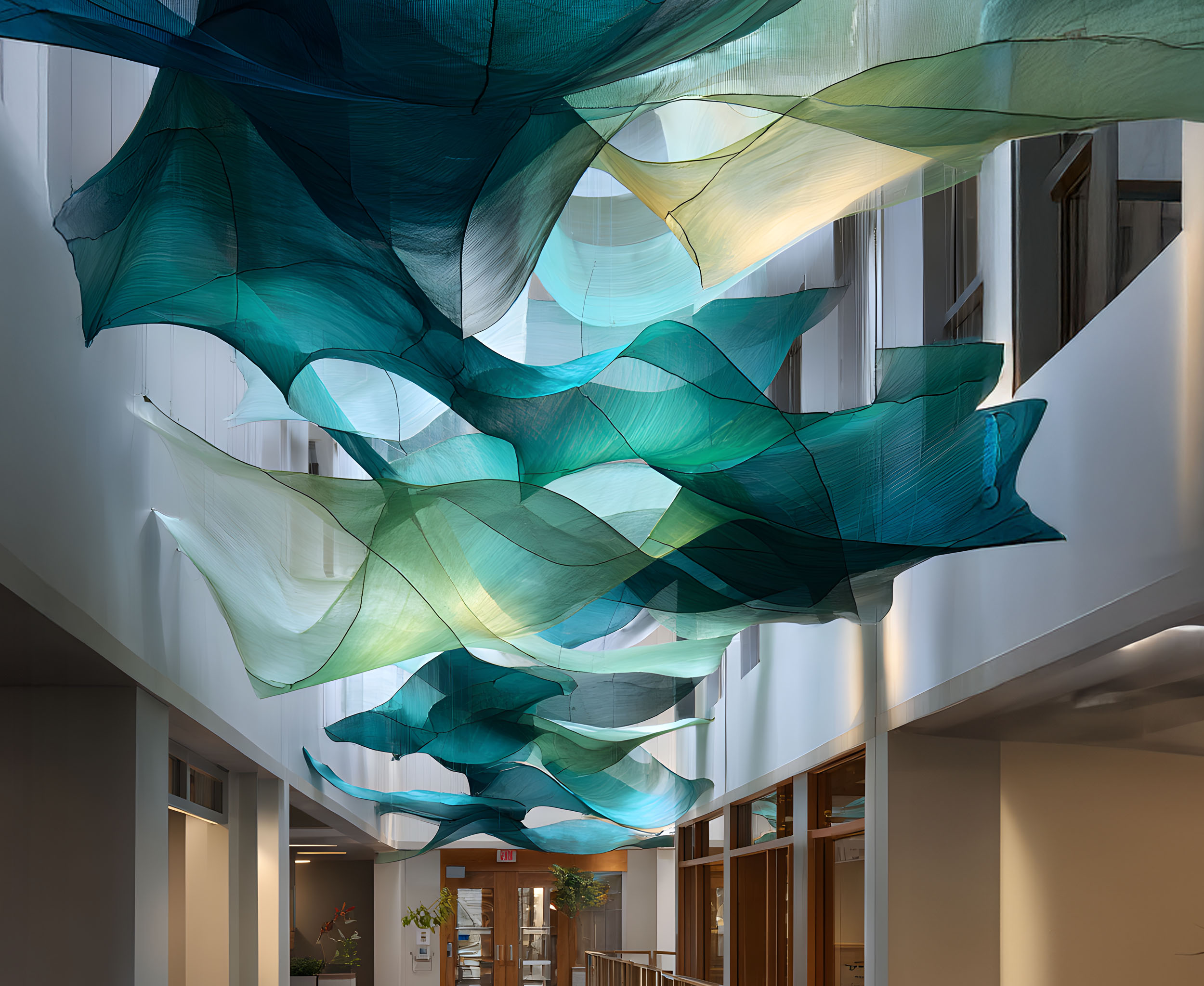 Voiles translucides bleus et verts suspendus au plafond d’un couloir d’école.