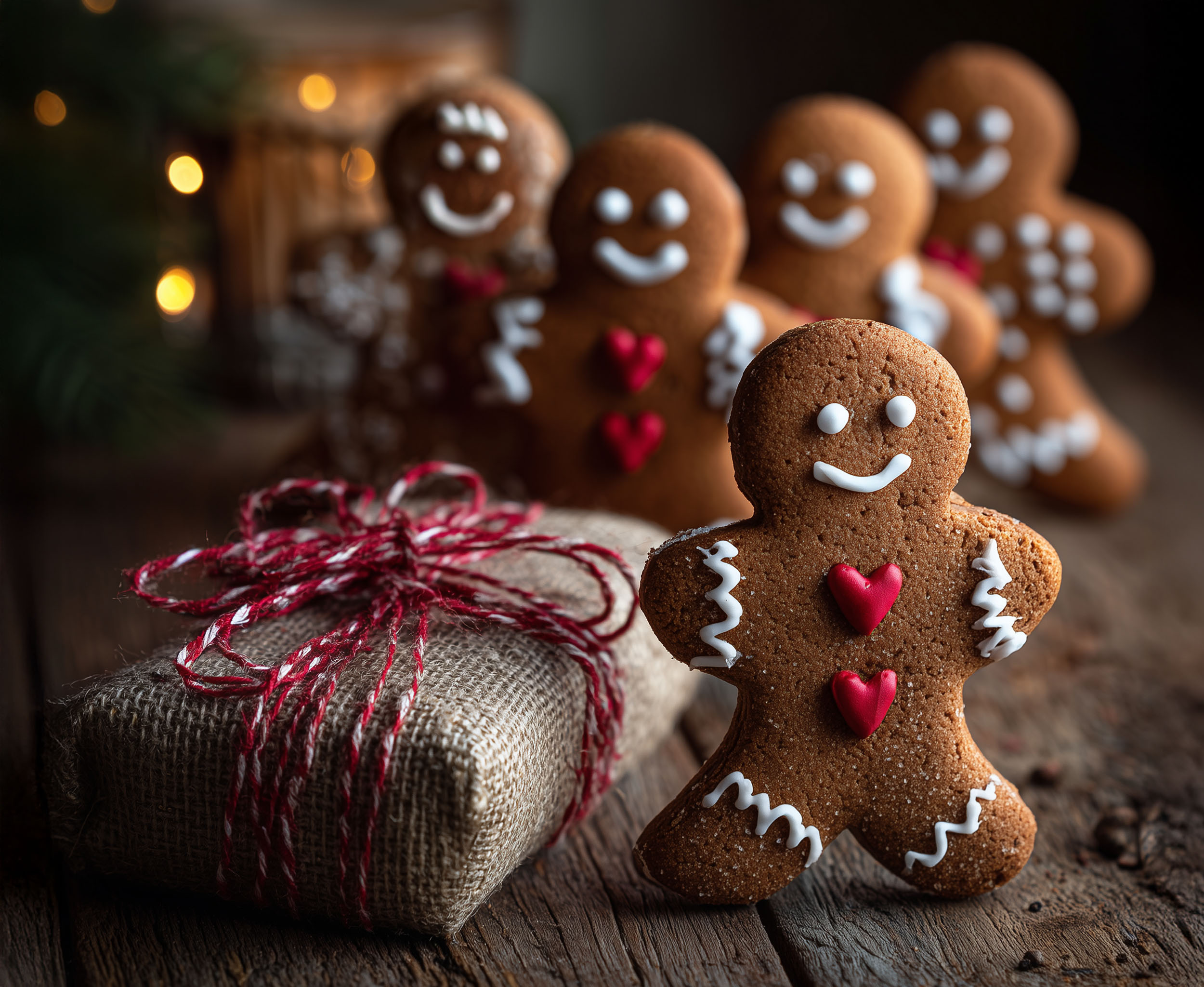 Groupe de personnages en pain d’épices décorés de petits cœurs rouges, représentant les liens affectifs et la chaleur des relations pendant les fêtes, même lorsqu’on doit poser ses limites.