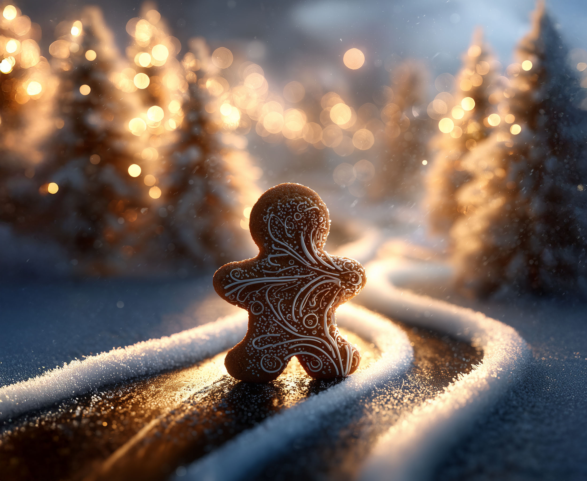 Bonhomme en pain d’épices dans un paysage enneigé, faces à deux traces courbes dans la neige.