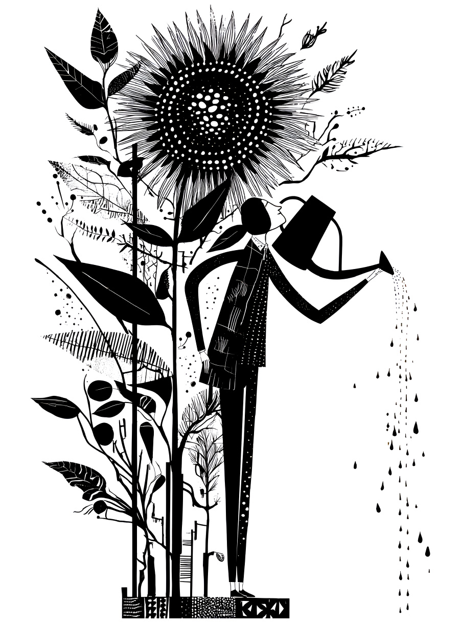 Personne arrosant un grand tournesol, symbolisant l’attention et le soin nécessaires pour nourrir la connexion.