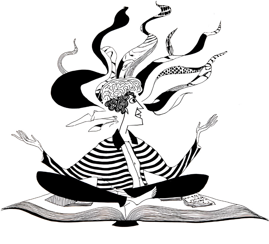 Personne assise en posture calme sur un livre ouvert, entourée d’idées en mouvement, symbolisant l’apprentissage conscient.