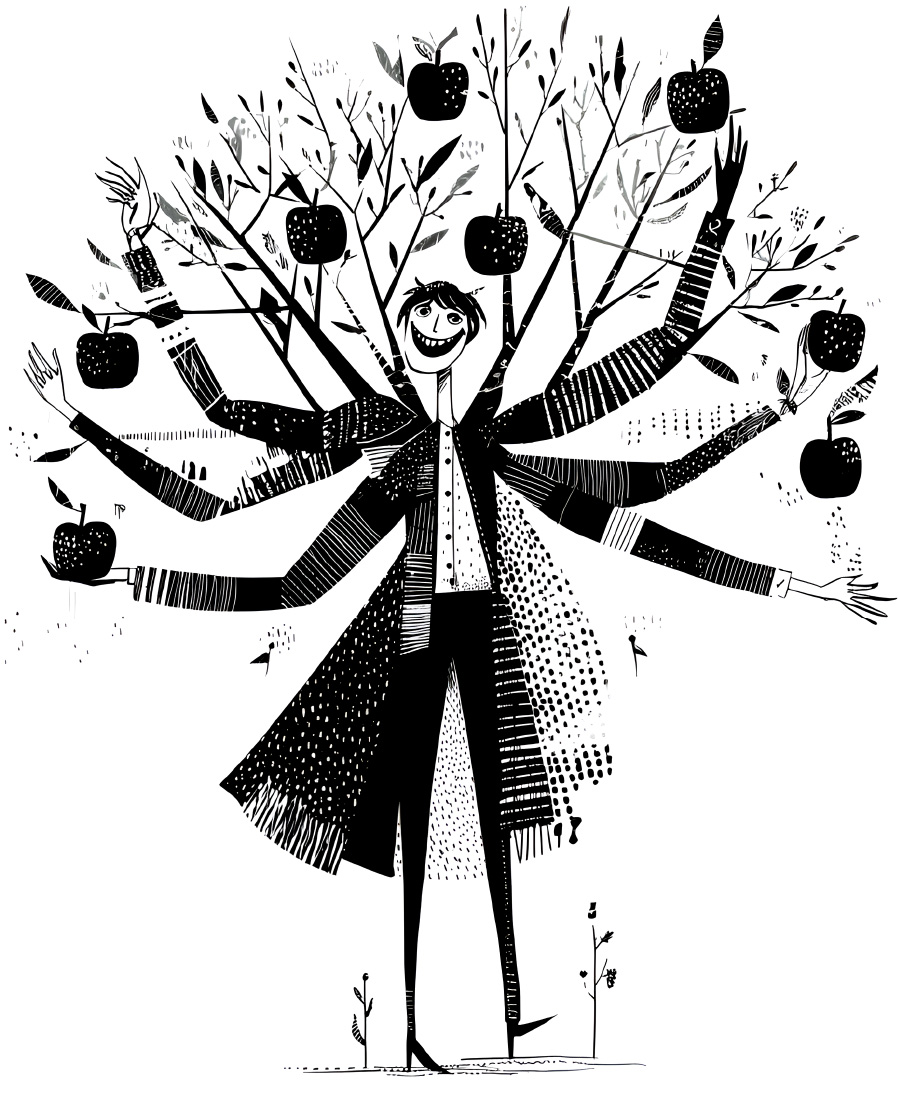 Personnage-arbre aux multiples bras portant des fruits, représentant la contribution et la croissance collective.