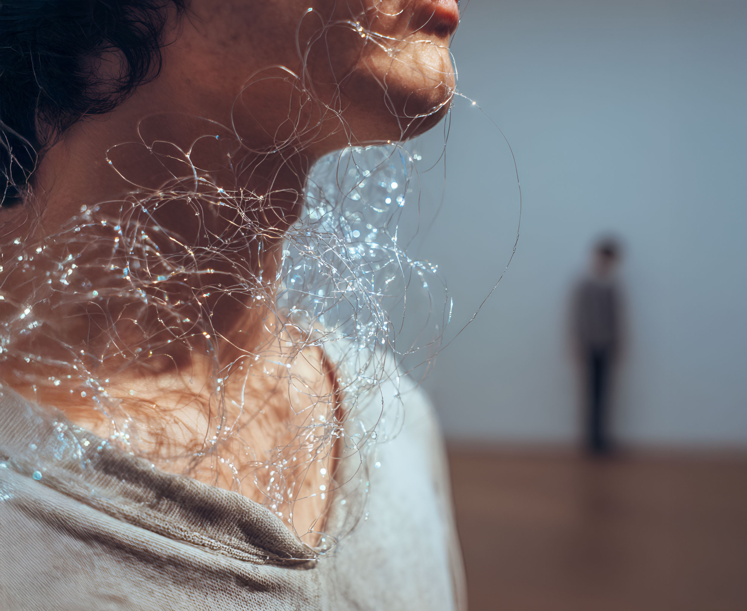 Une personne de profil avec des filaments lumineux; silhouette floue à distance.