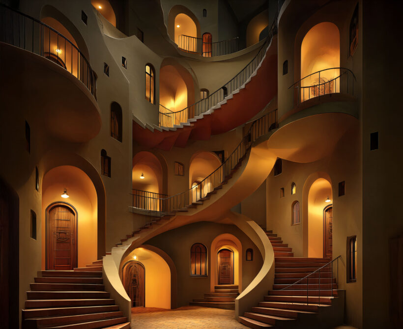 Architecture intérieure avec plusieurs escaliers, paliers et portes illustrant un changement non linéaire.