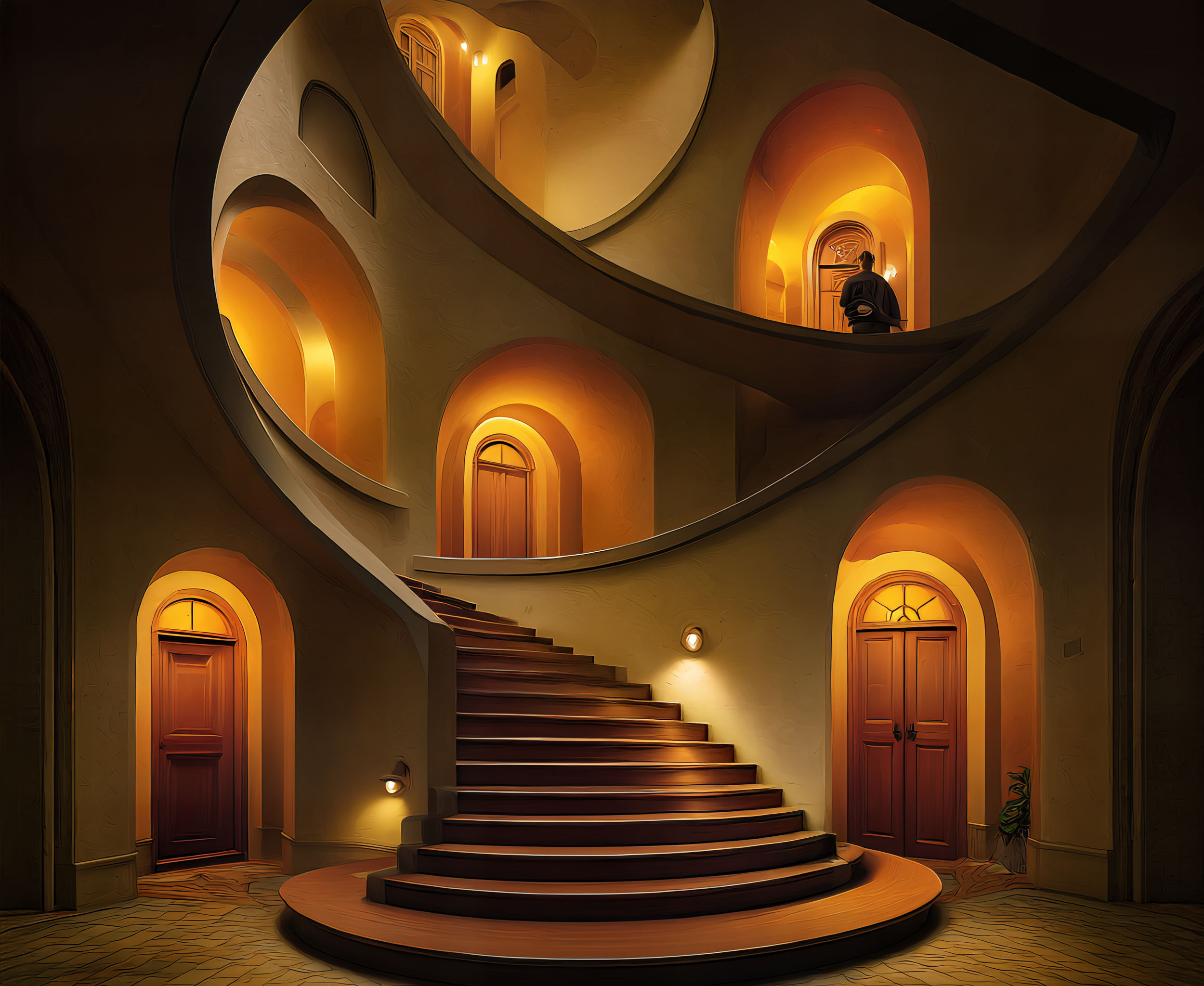 Escalier intérieur chaleureux avec six portes éclairées représentant les 6 étapes du changement.
