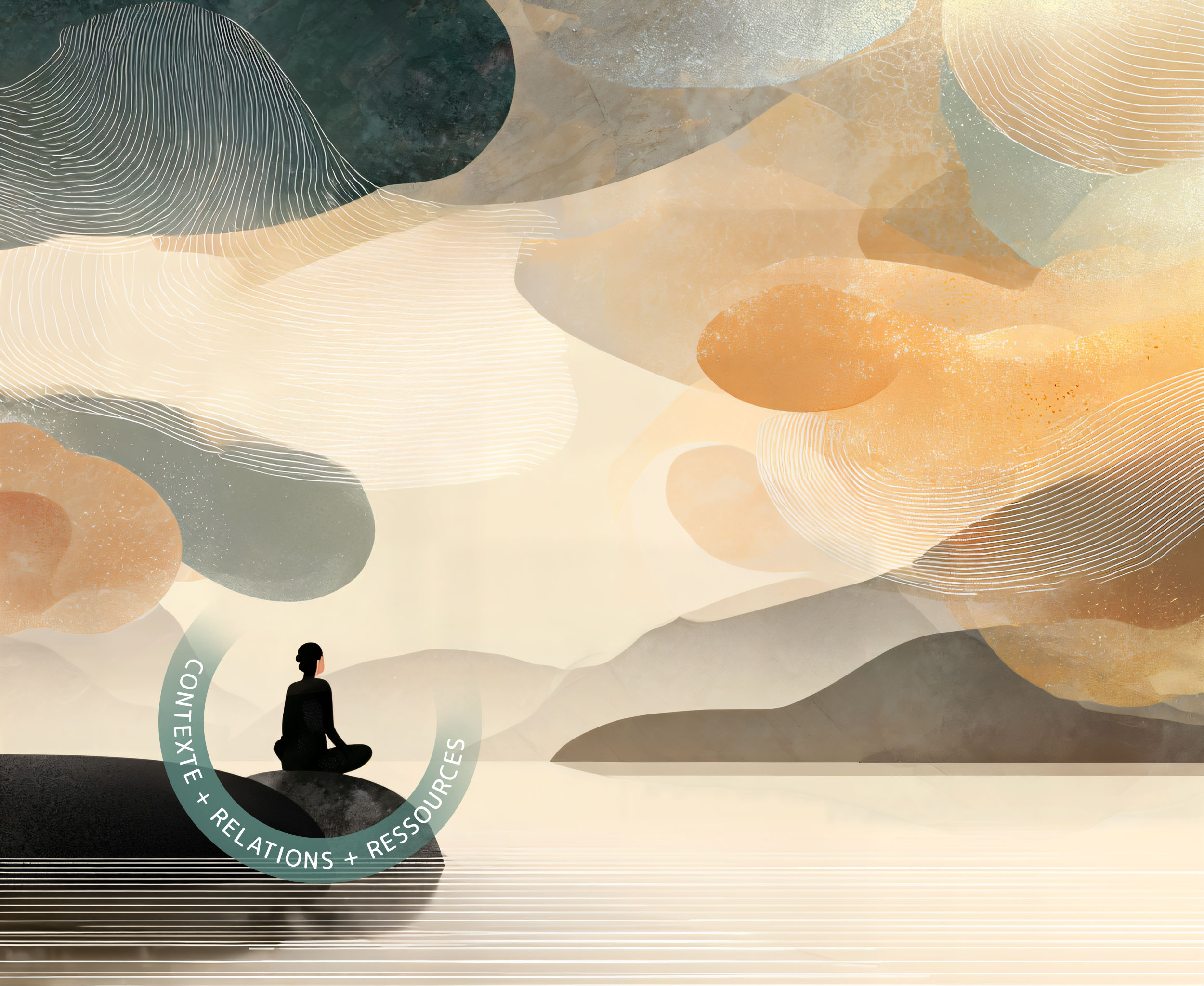 Illustration abstraite d’une personne assise dans un paysage calme, évoquant le recul et le lien entre bien-être, contexte, relations et ressources.