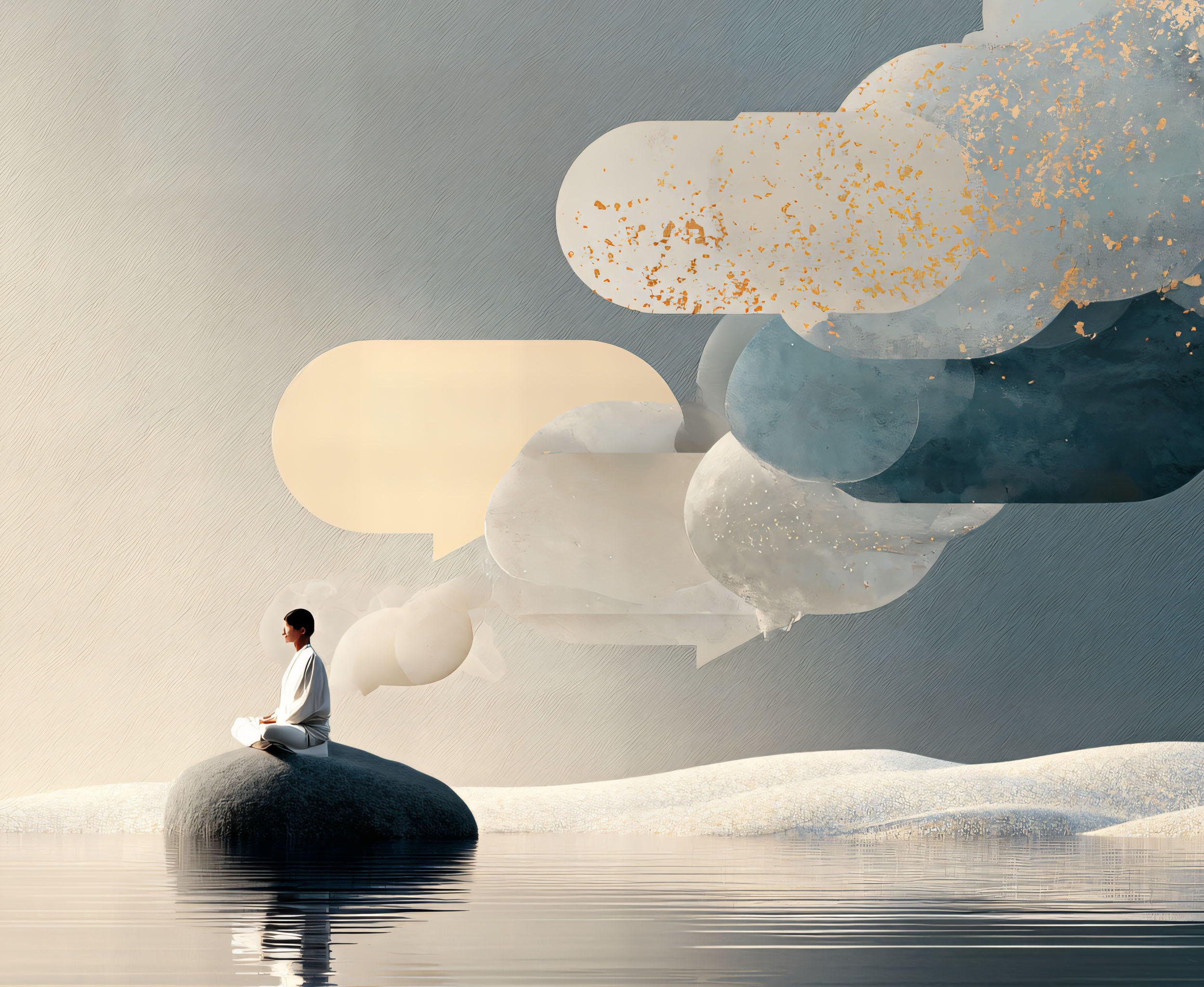 Illustration abstraite d’une personne assise dans le calme, avec des formes évoquant les pensées et la recherche de clarté intérieure.