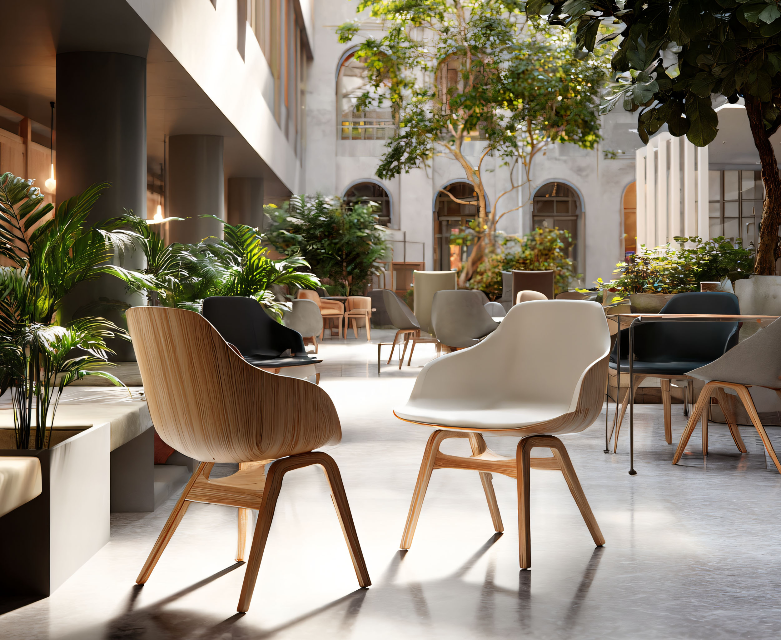 Plusieurs chaises dans un espace lumineux, dont deux mises en évidence au premier plan, évoquant le dialogue, l’équité et la place que chacun·e peut prendre dans une relation.