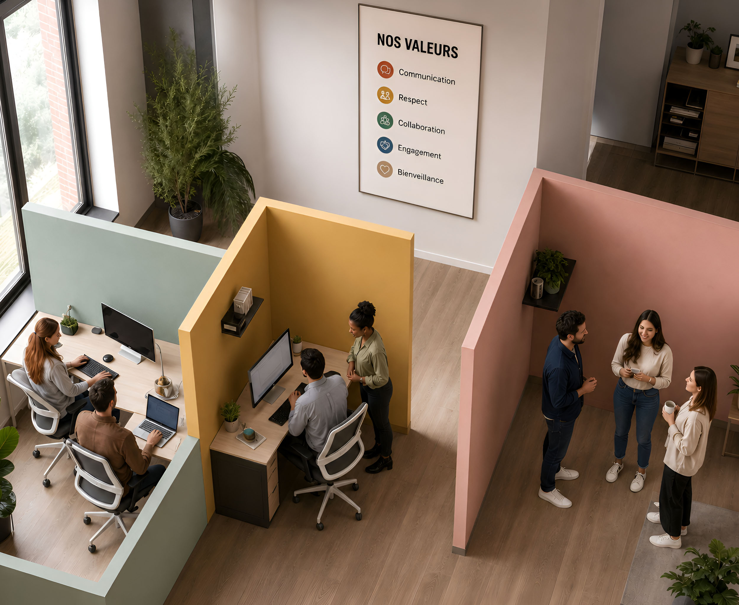 Bureau vu d’en haut, avec trois espaces de travail et une affiche « Nos valeurs », pour représenter différents niveaux de communication au travail.