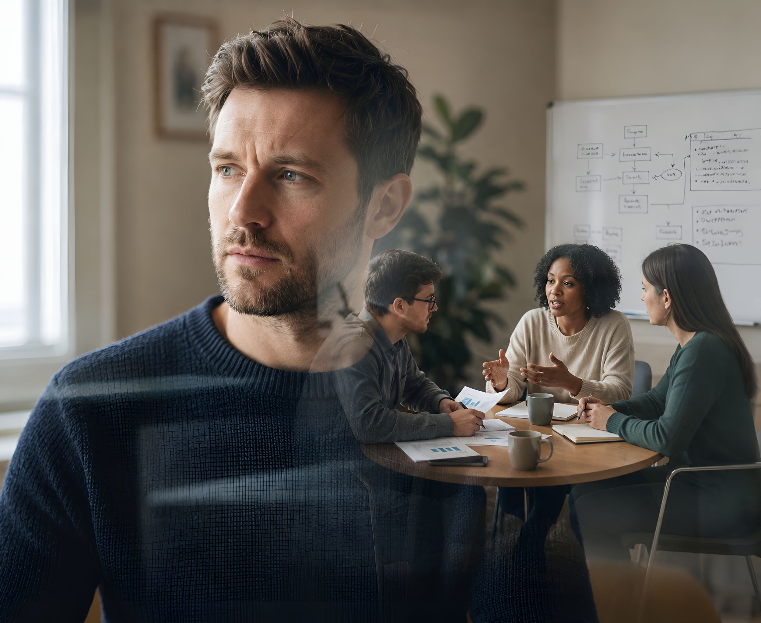 Homme pensif en avant-plan avec une scène de réunion en transparence, illustrant une réflexion après une situation de communication au travail.